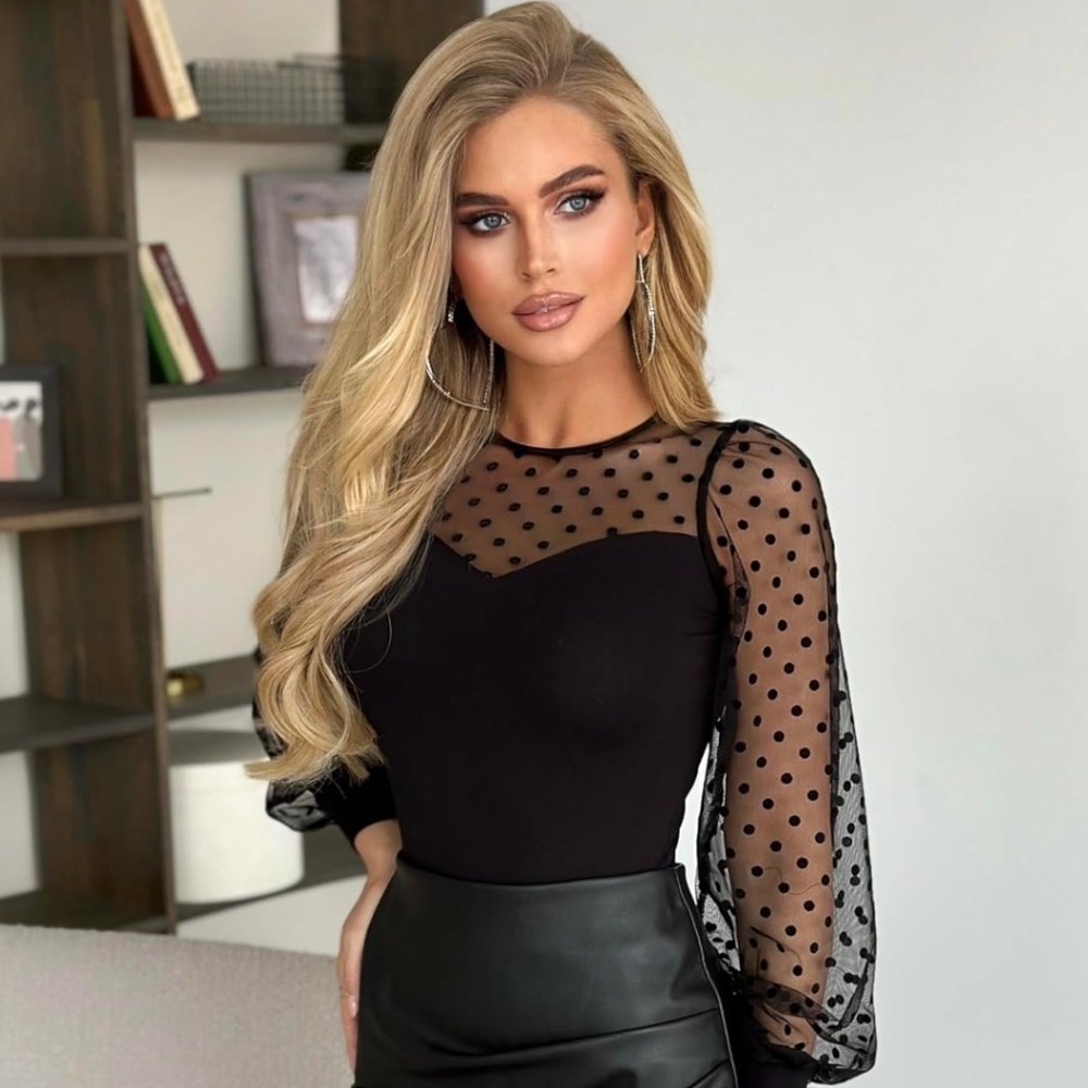 Black Bodysuit Women's Polka Dots Sheer